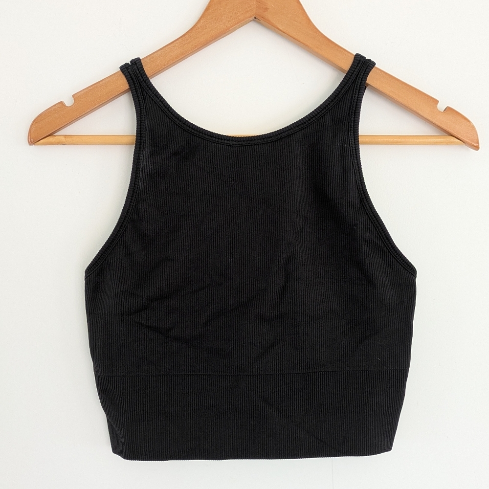 Athleta High Neck Ribbed Crop Top Long Line Bra Black Size Small